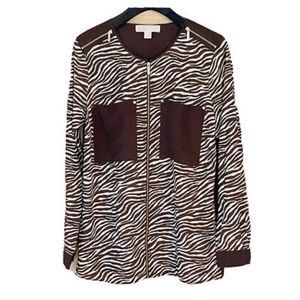 MICHAEL KORS Zip Detail Zebra Print Blouse Women M Brown Full Zip Long Sleeve